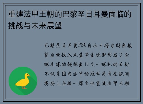 重建法甲王朝的巴黎圣日耳曼面临的挑战与未来展望