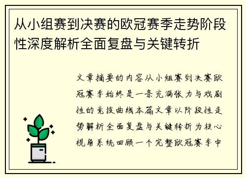 从小组赛到决赛的欧冠赛季走势阶段性深度解析全面复盘与关键转折 从小组赛到决赛的欧冠赛季走势阶段性深度解析全面复盘与关键转折