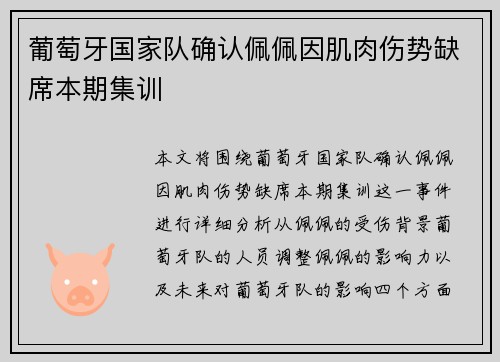 葡萄牙国家队确认佩佩因肌肉伤势缺席本期集训