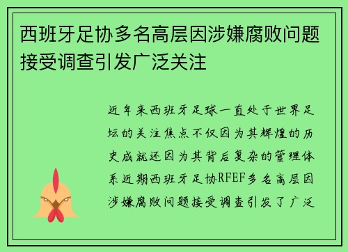 西班牙足协多名高层因涉嫌腐败问题接受调查引发广泛关注